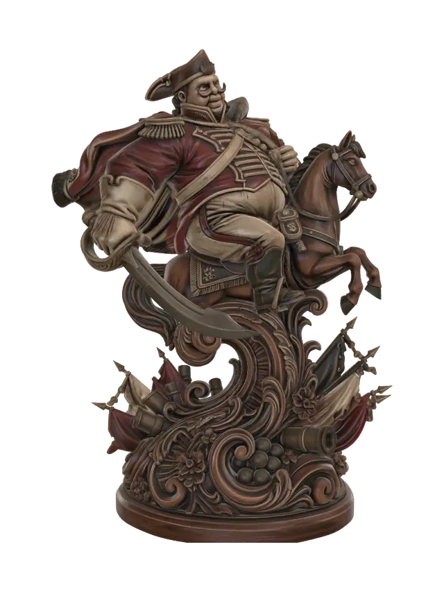 3D model for Transform an absurdly heroic cavalry officer riding a hobby horse while raising a curved saber into a hyper-realistic wooden carved Rococo-Art Nouveau caricatural statue merged into a monumental waved scrollwork console-pillar. Billowing uniform, oversized arm and theatrical pose dissolve into military trophies, banners, cannonballs and swirling rocaille volutes. Material: polished hardwood with fine anatomical detailing. Polychrome: weary crimson, cream, ebony, antique brass and richly aged patina.