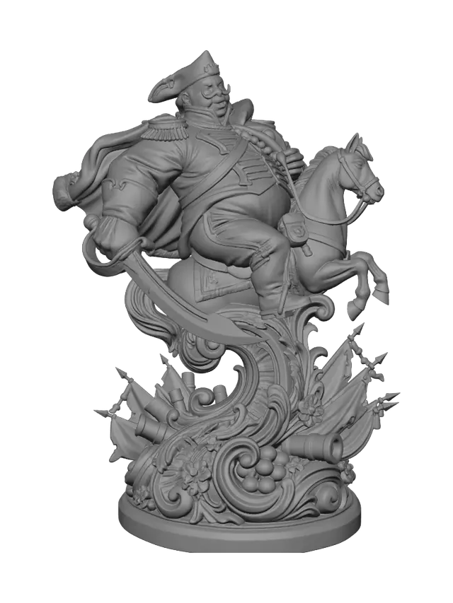 3D model for Transform an absurdly heroic cavalry officer riding a hobby horse while raising a curved saber into a hyper-realistic wooden carved Rococo-Art Nouveau caricatural statue merged into a monumental waved scrollwork console-pillar. Billowing uniform, oversized arm and theatrical pose dissolve into military trophies, banners, cannonballs and swirling rocaille volutes. Material: polished hardwood with fine anatomical detailing. Polychrome: weary crimson, cream, ebony, antique brass and richly aged patina.