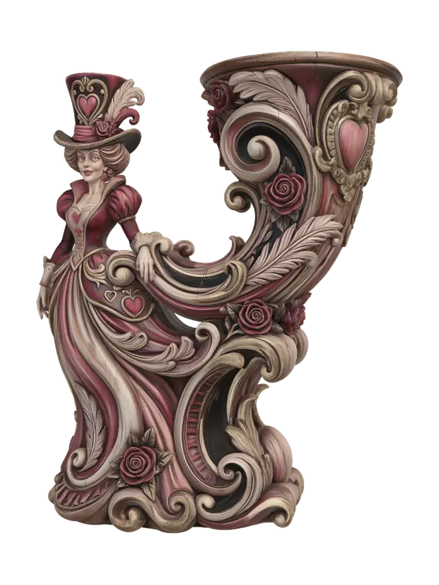 3D model for Transform an elegant fantasy queen wearing a towering heart-themed gown, top hat and ornate accessories into a hyper-realistic wooden carved Rococo-Art Nouveau caricatural statue merged into a monumental waved scrollwork console-pillar. Flowing skirts become sweeping rocaille scrolls decorated with hearts, roses, feathers and royal cartouches. Material: polished hardwood with fine anatomical detailing. Polychrome: weary crimson, blush pink, ivory, black and antique gold with richly aged patina
