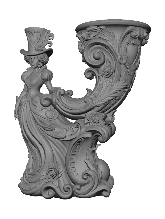 3D model for Transform an elegant fantasy queen wearing a towering heart-themed gown, top hat and ornate accessories into a hyper-realistic wooden carved Rococo-Art Nouveau caricatural statue merged into a monumental waved scrollwork console-pillar. Flowing skirts become sweeping rocaille scrolls decorated with hearts, roses, feathers and royal cartouches. Material: polished hardwood with fine anatomical detailing. Polychrome: weary crimson, blush pink, ivory, black and antique gold with richly aged patina