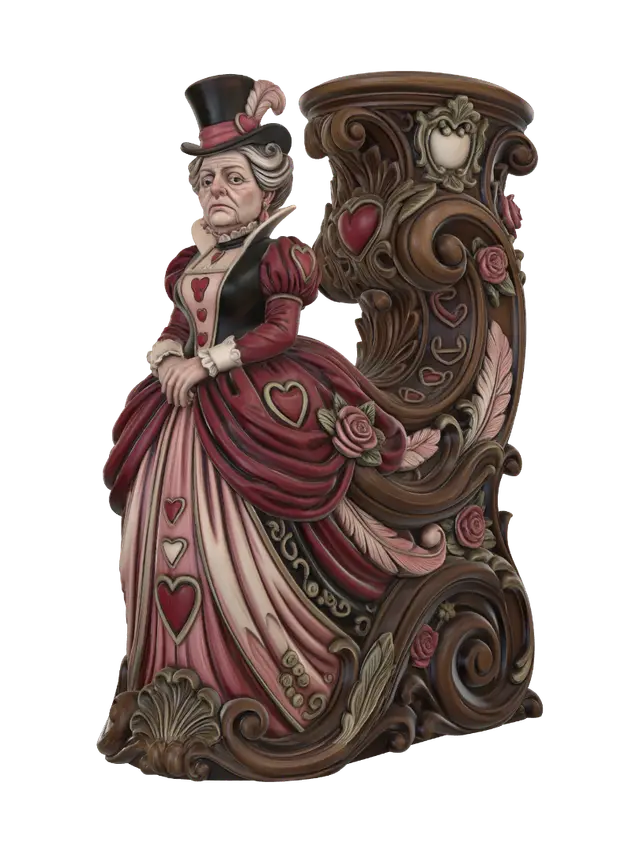 3D model for Transform an elegant fantasy queen wearing a towering heart-themed gown, top hat and ornate accessories into a hyper-realistic wooden carved Rococo-Art Nouveau caricatural statue merged into a monumental waved scrollwork console-pillar. Flowing skirts become sweeping rocaille scrolls decorated with hearts, roses, feathers and royal cartouches. Material: polished hardwood with fine anatomical detailing. Polychrome: weary crimson, blush pink, ivory, black and antique gold with richly aged patina