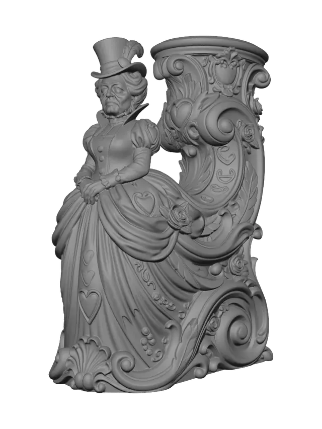 3D model for Transform an elegant fantasy queen wearing a towering heart-themed gown, top hat and ornate accessories into a hyper-realistic wooden carved Rococo-Art Nouveau caricatural statue merged into a monumental waved scrollwork console-pillar. Flowing skirts become sweeping rocaille scrolls decorated with hearts, roses, feathers and royal cartouches. Material: polished hardwood with fine anatomical detailing. Polychrome: weary crimson, blush pink, ivory, black and antique gold with richly aged patina