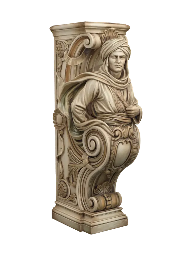 3D model for Transform a confident young desert adventurer wearing flowing garments and sash into a hyper-realistic wooden carved Rococo-Art Nouveau caricatural statue merged into a monumental waved scrollwork console-pillar. Flowing sleeves, scarf and windswept fabrics become elegant ribbon-like Rococo scrollwork, ornamental cartouches and swirling volutes. Material: polished hardwood with fine anatomical detailing. Polychrome: weary cream, ochre, amber, olive and aged patina