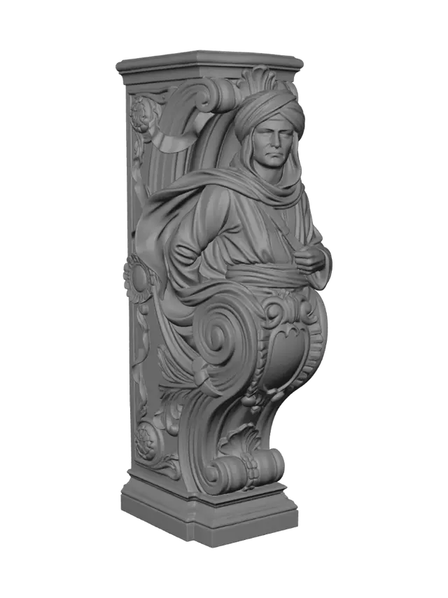 3D model for Transform a confident young desert adventurer wearing flowing garments and sash into a hyper-realistic wooden carved Rococo-Art Nouveau caricatural statue merged into a monumental waved scrollwork console-pillar. Flowing sleeves, scarf and windswept fabrics become elegant ribbon-like Rococo scrollwork, ornamental cartouches and swirling volutes. Material: polished hardwood with fine anatomical detailing. Polychrome: weary cream, ochre, amber, olive and aged patina