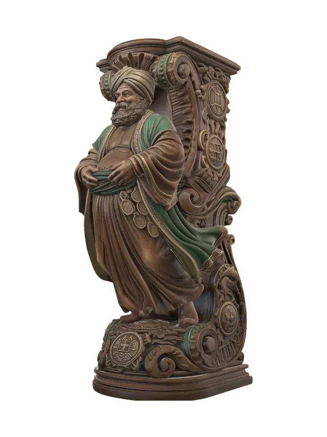 3D model for Transform a cheerful rotund Middle Eastern merchant with layered robes, curled beard and ornate turban into a hyper-realistic wooden carved Rococo-Art Nouveau caricatural statue merged into a monumental waved scrollwork console-pillar. Billowing garments become flowing rocaille drapery, while coins, spices and merchant emblems evolve into decorative cartouches and elegant whiplash volutes. Material: polished hardwood with fine anatomical detailing, deep undercuts and crisp chisel work. Polychrome: weary emerald, sapphire, gold, warm walnut and richly aged patina