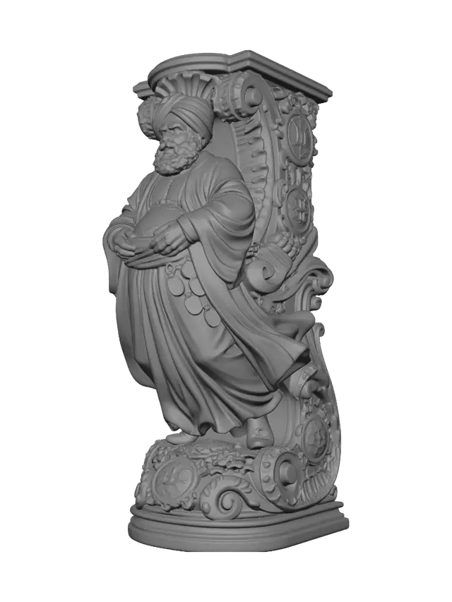 3D model for Transform a cheerful rotund Middle Eastern merchant with layered robes, curled beard and ornate turban into a hyper-realistic wooden carved Rococo-Art Nouveau caricatural statue merged into a monumental waved scrollwork console-pillar. Billowing garments become flowing rocaille drapery, while coins, spices and merchant emblems evolve into decorative cartouches and elegant whiplash volutes. Material: polished hardwood with fine anatomical detailing, deep undercuts and crisp chisel work. Polychrome: weary emerald, sapphire, gold, warm walnut and richly aged patina