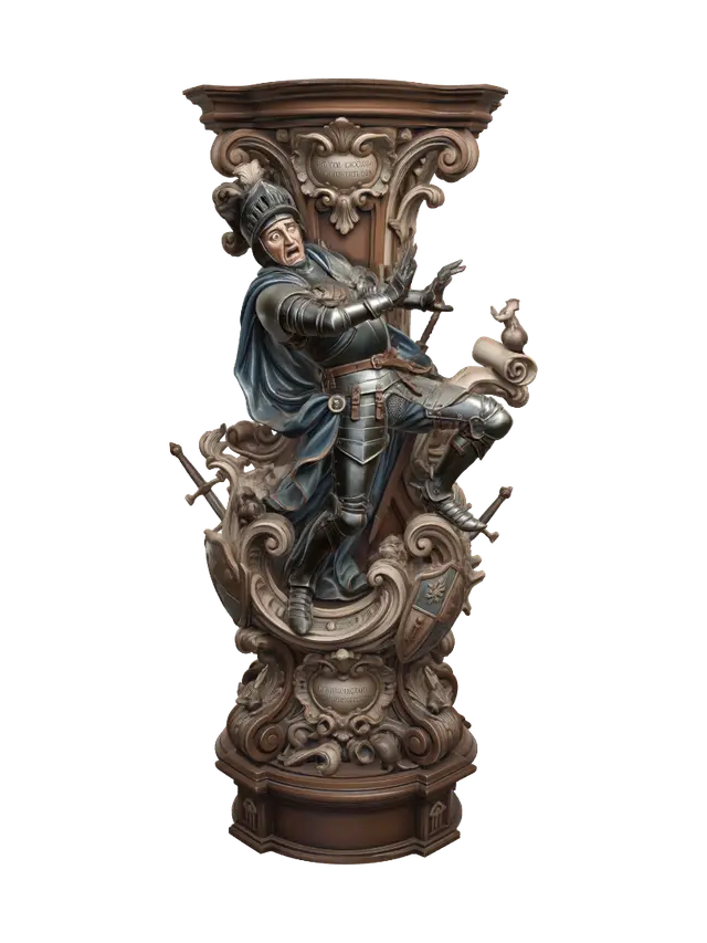 3D model for Transform a humorous armored knight recoiling from a tiny mouse into a hyper-realistic wooden carved Rococo-Art Nouveau caricatural statue merged into a monumental waved scrollwork console-pillar. Twisted armor, dramatic cloak and exaggerated pose blend into medieval rocaille scrolls, shields, swords, mice and decorative cartouches. Material: polished hardwood with fine anatomical detailing. Polychrome: weary steel gray, cobalt blue, brown leather, antique silver and richly aged patina.