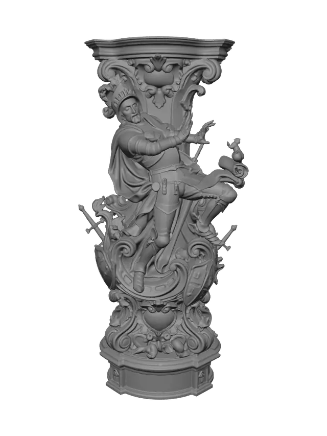 3D model for Transform a humorous armored knight recoiling from a tiny mouse into a hyper-realistic wooden carved Rococo-Art Nouveau caricatural statue merged into a monumental waved scrollwork console-pillar. Twisted armor, dramatic cloak and exaggerated pose blend into medieval rocaille scrolls, shields, swords, mice and decorative cartouches. Material: polished hardwood with fine anatomical detailing. Polychrome: weary steel gray, cobalt blue, brown leather, antique silver and richly aged patina.