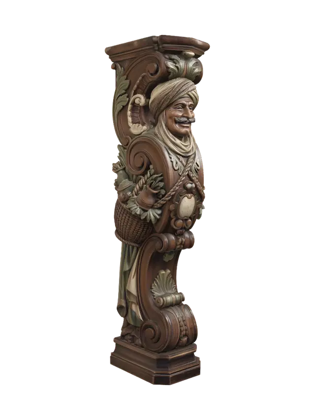 3D model for Transform a smiling mustached desert merchant carrying a woven basket of herbs and pottery into a hyper-realistic wooden carved Rococo-Art Nouveau caricatural statue merged into a monumental waved scrollwork console-pillar. Turban, robes, rope, basket and spices become ornate Middle Eastern arabesques, botanical cartouches and flowing Rococo volutes. Material: polished hardwood with fine anatomical detailing. Polychrome: weary earth browns, ivory, olive, copper and richly aged patina.