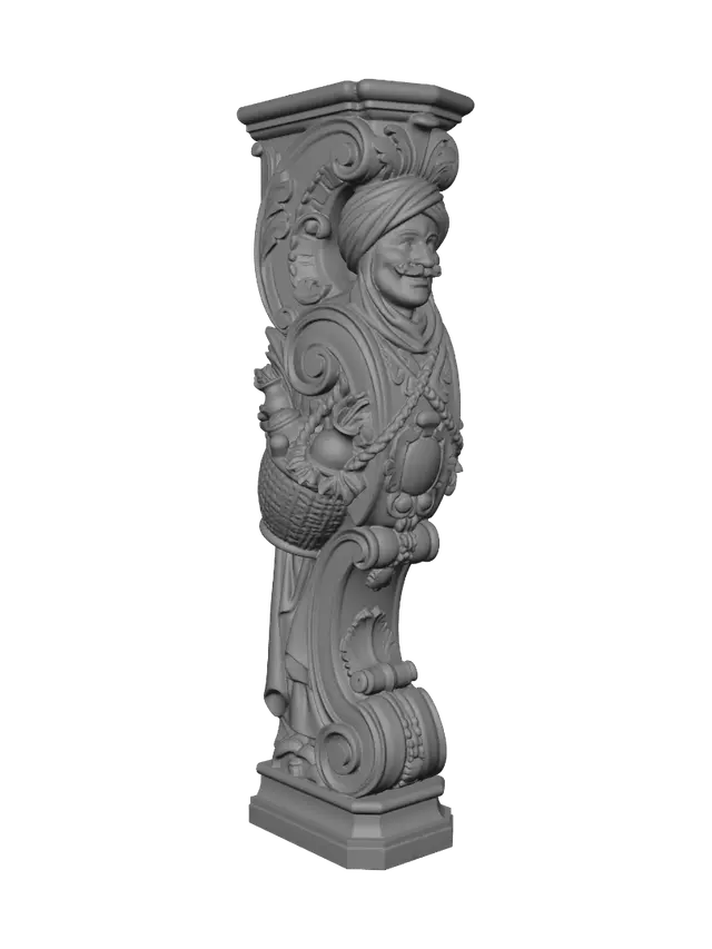 3D model for Transform a smiling mustached desert merchant carrying a woven basket of herbs and pottery into a hyper-realistic wooden carved Rococo-Art Nouveau caricatural statue merged into a monumental waved scrollwork console-pillar. Turban, robes, rope, basket and spices become ornate Middle Eastern arabesques, botanical cartouches and flowing Rococo volutes. Material: polished hardwood with fine anatomical detailing. Polychrome: weary earth browns, ivory, olive, copper and richly aged patina.
