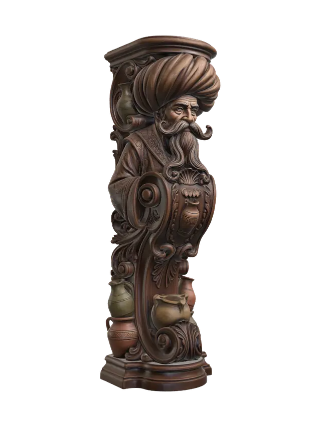 Transform a comical elderly pottery merchant with oversized turban, magnificent… 3D model, vytvořený pomocí AI
