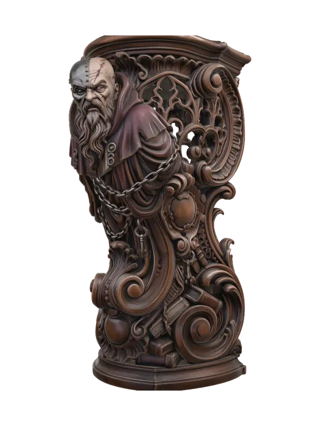3D model for Transform a grim archmaester with a half-metal mask, scarred face, beard, chains, ancient key and ceremonial staff into a hyper-realistic wooden carved Rococo-Art Nouveau caricatural statue merged into a monumental waved scrollwork console-pillar. His robes, chains and relics dissolve into Gothic tracery, scholarly cartouches, keys, books and elegant whiplash volutes. Material: polished hardwood with fine anatomical detailing, deep undercuts and crisp chisel work. Polychrome: weary burgundy, iron grey, ivory, antique bronze and richly aged patina