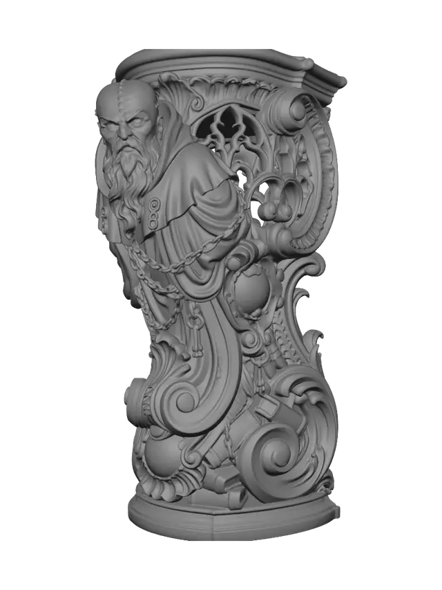 3D model for Transform a grim archmaester with a half-metal mask, scarred face, beard, chains, ancient key and ceremonial staff into a hyper-realistic wooden carved Rococo-Art Nouveau caricatural statue merged into a monumental waved scrollwork console-pillar. His robes, chains and relics dissolve into Gothic tracery, scholarly cartouches, keys, books and elegant whiplash volutes. Material: polished hardwood with fine anatomical detailing, deep undercuts and crisp chisel work. Polychrome: weary burgundy, iron grey, ivory, antique bronze and richly aged patina