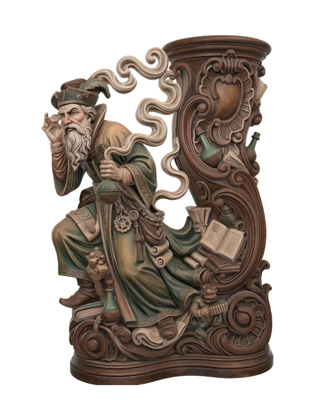 3D model for Transform an elderly eccentric alchemist surrounded by quirky assistants, bubbling cauldron, books and magical apparatus into a hyper-realistic wooden carved Rococo-Art Nouveau caricatural statue merged into a monumental waved scrollwork console-pillar. Flowing smoke becomes sweeping Art Nouveau ribbons, while books, bottles and scrolls form ornate cartouches and rocaille volutes. Material: polished hardwood with fine anatomical detailing. Polychrome: weary amber, emerald, walnut, copper and aged patina.