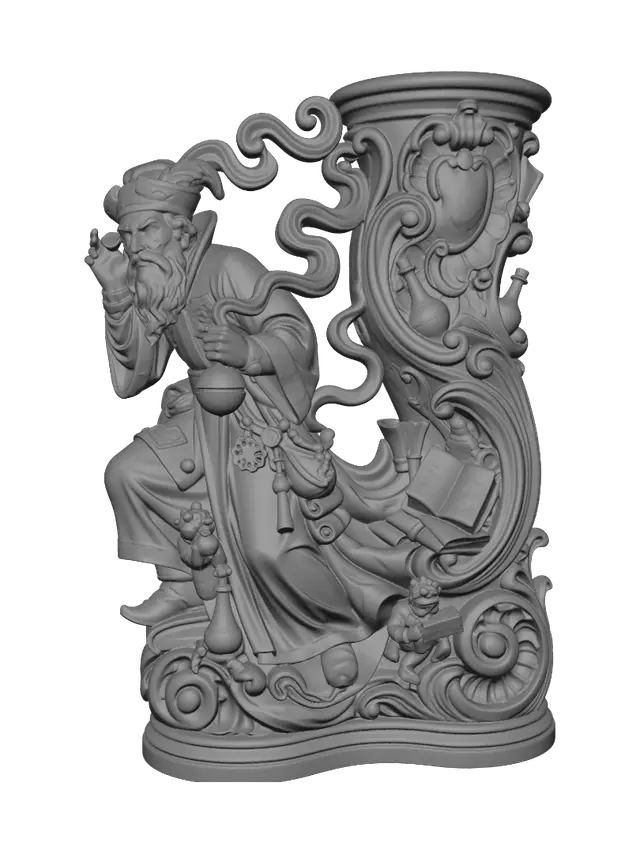 3D model for Transform an elderly eccentric alchemist surrounded by quirky assistants, bubbling cauldron, books and magical apparatus into a hyper-realistic wooden carved Rococo-Art Nouveau caricatural statue merged into a monumental waved scrollwork console-pillar. Flowing smoke becomes sweeping Art Nouveau ribbons, while books, bottles and scrolls form ornate cartouches and rocaille volutes. Material: polished hardwood with fine anatomical detailing. Polychrome: weary amber, emerald, walnut, copper and aged patina.