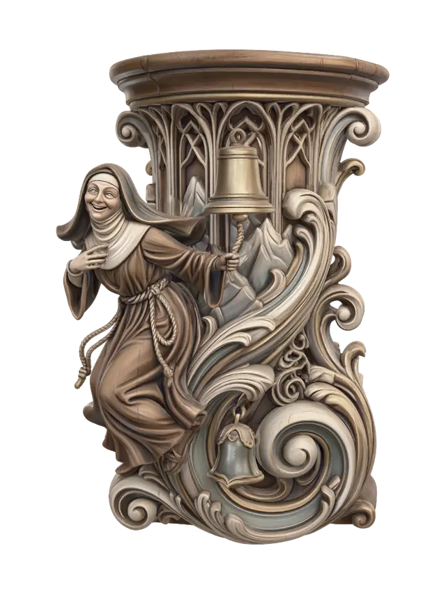 3D model for Transform a joyful nun ringing a towering church bell into a hyper-realistic wooden carved Rococo-Art Nouveau caricatural statue merged into a monumental waved scrollwork console-pillar. Flowing habit, ropes, bell and mountain architecture merge into Gothic tracery, bell-shaped cartouches and sweeping Art Nouveau volutes. Material: polished hardwood with fine anatomical detailing. Polychrome: weary ivory, sandstone, antique gold, soft blue-grey and aged patina.