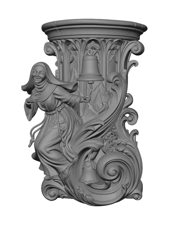 3D model for Transform a joyful nun ringing a towering church bell into a hyper-realistic wooden carved Rococo-Art Nouveau caricatural statue merged into a monumental waved scrollwork console-pillar. Flowing habit, ropes, bell and mountain architecture merge into Gothic tracery, bell-shaped cartouches and sweeping Art Nouveau volutes. Material: polished hardwood with fine anatomical detailing. Polychrome: weary ivory, sandstone, antique gold, soft blue-grey and aged patina.