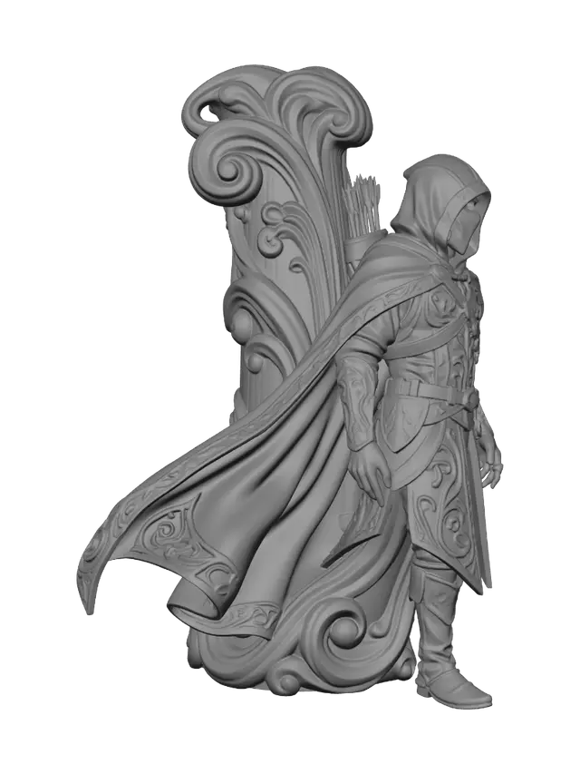 3D model for Transform a mysterious masked rogue clad in a hooded cloak with quiver and leather gear into a hyper-realistic wooden carved Rococo-Art Nouveau caricatural statue merged into a monumental waved scrollwork console-pillar. Flowing cloak, ornate mask, arrows and medieval architecture evolve into elegant Gothic tracery, heraldic cartouches and sweeping whiplash volutes. Material: polished hardwood with fine anatomical detailing. Polychrome: weary ebony, ivory, silver, deep charcoal and richly aged patina