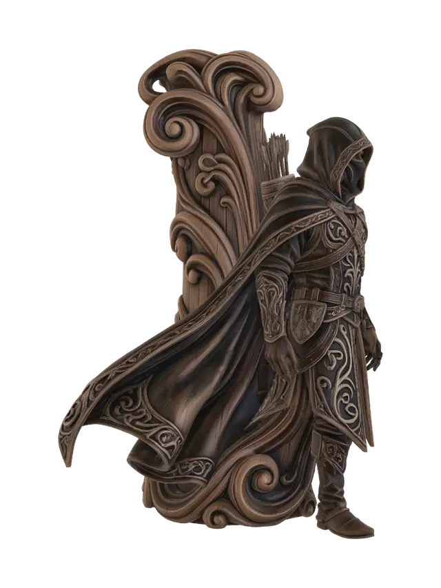 3D model for Transform a mysterious masked rogue clad in a hooded cloak with quiver and leather gear into a hyper-realistic wooden carved Rococo-Art Nouveau caricatural statue merged into a monumental waved scrollwork console-pillar. Flowing cloak, ornate mask, arrows and medieval architecture evolve into elegant Gothic tracery, heraldic cartouches and sweeping whiplash volutes. Material: polished hardwood with fine anatomical detailing. Polychrome: weary ebony, ivory, silver, deep charcoal and richly aged patina