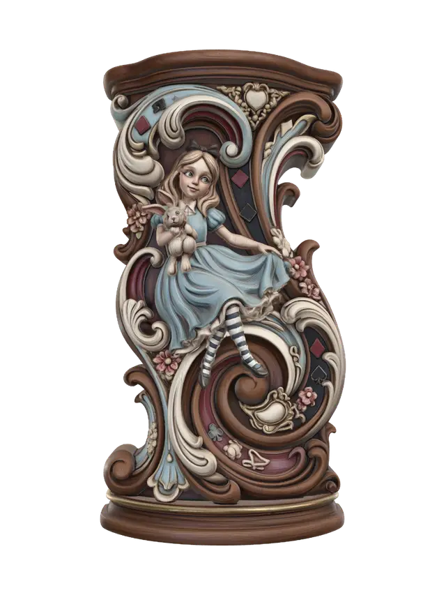 3D model for Transform a charming fantasy girl in a blue dress holding a plush rabbit into a hyper-realistic wooden carved Rococo-Art Nouveau caricatural statue merged into a monumental waved scrollwork console-pillar. Her playful pose, striped stockings and fluttering dress merge into whimsical rocaille scrolls decorated with hearts, playing-card symbols, rabbits, flowers and ornate cartouches. Material: polished hardwood with fine anatomical detailing. Polychrome: weary sky blue, ivory, crimson, ebony and antique gold with richly aged patina