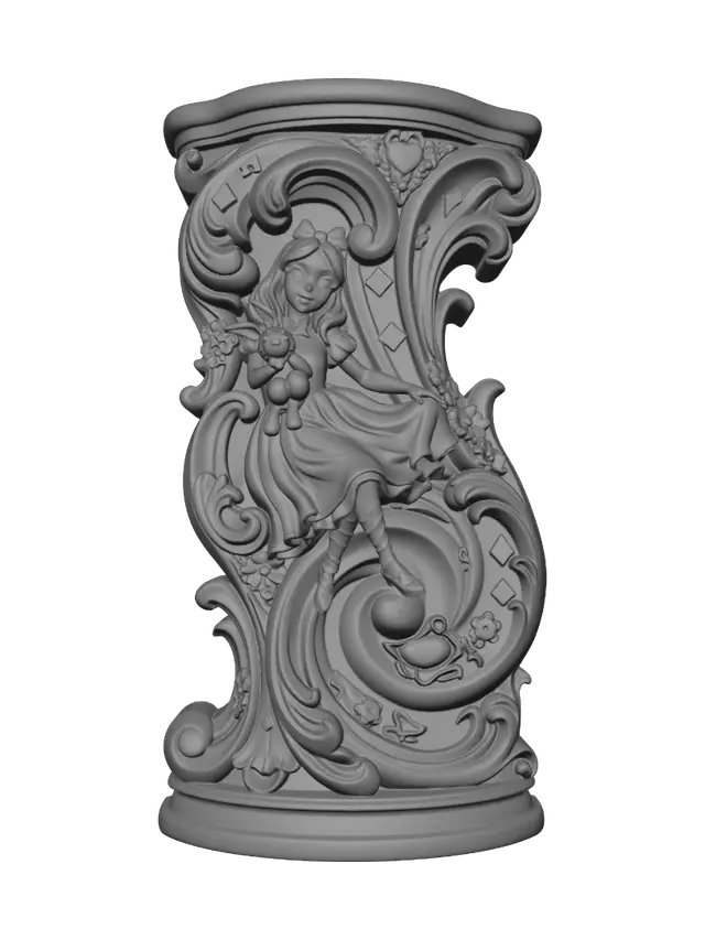 3D model for Transform a charming fantasy girl in a blue dress holding a plush rabbit into a hyper-realistic wooden carved Rococo-Art Nouveau caricatural statue merged into a monumental waved scrollwork console-pillar. Her playful pose, striped stockings and fluttering dress merge into whimsical rocaille scrolls decorated with hearts, playing-card symbols, rabbits, flowers and ornate cartouches. Material: polished hardwood with fine anatomical detailing. Polychrome: weary sky blue, ivory, crimson, ebony and antique gold with richly aged patina