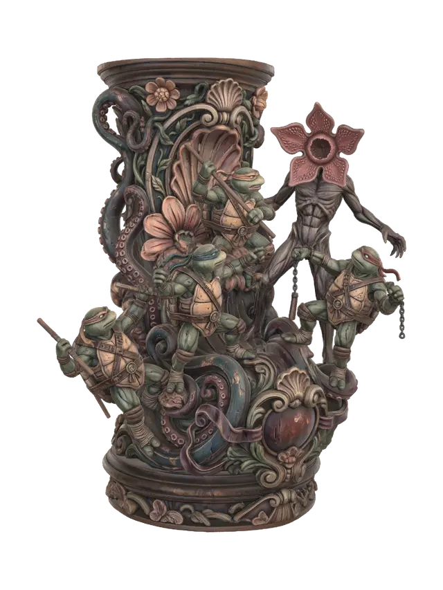 tmnt vs demogorgon - Polishedwood 3D model, vytvořený pomocí AI