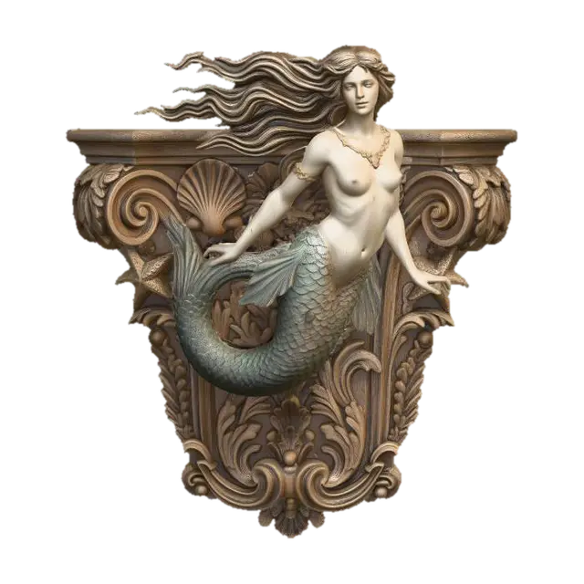 Mermaid on the Carved Crest - Wallmounted 3D model, vytvořený pomocí AI