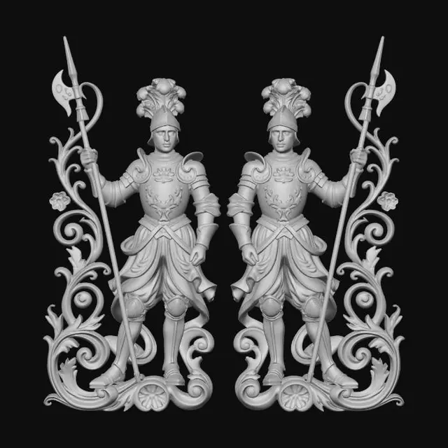 3D model for Hyper-realistic wooden carved Rococo–Art Nouveau statue of two disciplined guards holding halberds, posed in mirrored symmetry.
Halberds transform into long elegant S-curved structural elements. Uniform folds become flowing ornamental ribbons and rocaille shells. Military insignia abstract into decorative cartouches.
Material:polished hardwood.Polychrome:deep colourful rich tones