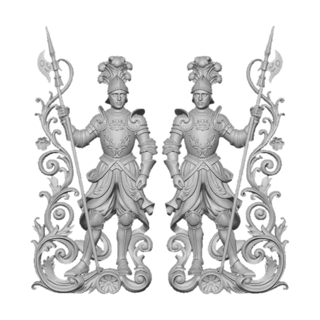 3D model for Hyper-realistic wooden carved Rococo–Art Nouveau statue of two disciplined guards holding halberds, posed in mirrored symmetry.
Halberds transform into long elegant S-curved structural elements. Uniform folds become flowing ornamental ribbons and rocaille shells. Military insignia abstract into decorative cartouches.
Material:polished hardwood.Polychrome:deep colourful rich tones