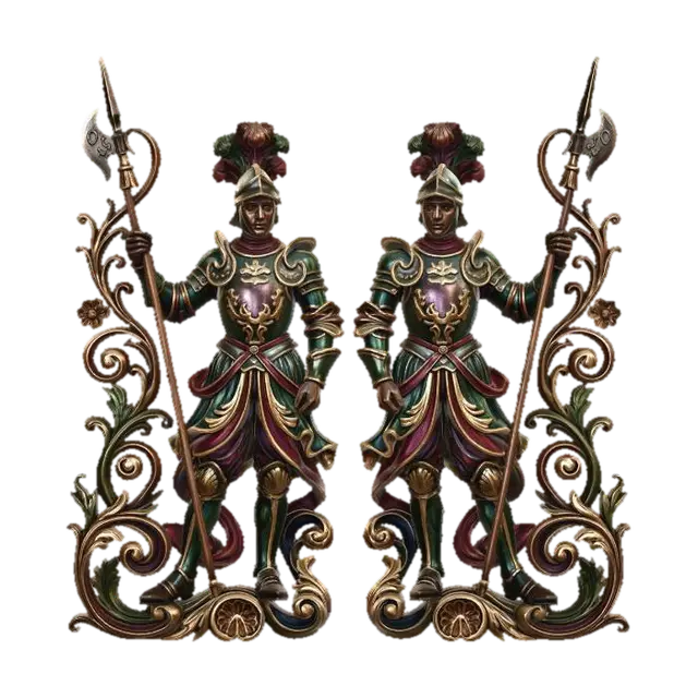 3D model for Hyper-realistic wooden carved Rococo–Art Nouveau statue of two disciplined guards holding halberds, posed in mirrored symmetry.
Halberds transform into long elegant S-curved structural elements. Uniform folds become flowing ornamental ribbons and rocaille shells. Military insignia abstract into decorative cartouches.
Material:polished hardwood.Polychrome:deep colourful rich tones