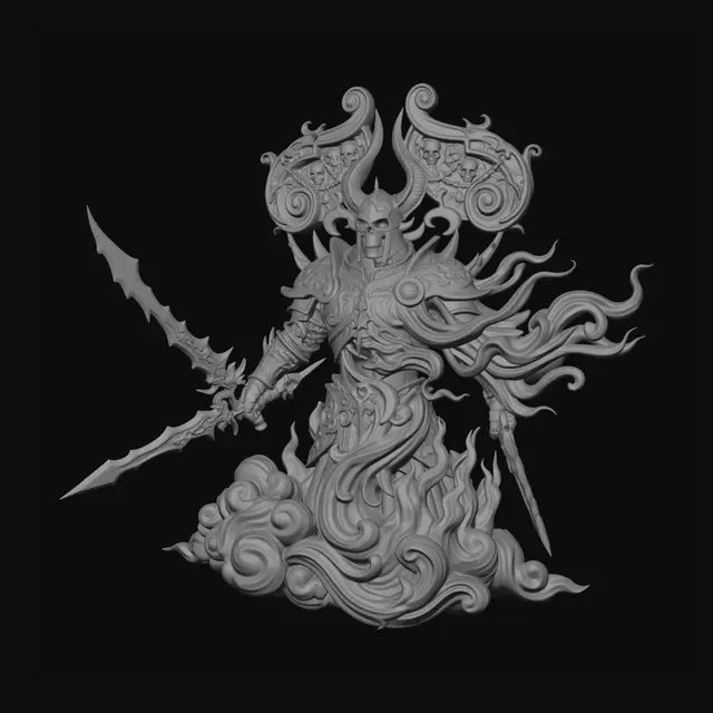 3D model for Hyper-realistic wooden carved Rococo–Art Nouveau undead chaos knight clad in massive spiked armor and wielding twin corrupted blades. The skeletal warrior emerges from storm clouds and spectral flames while his armor dissolves into monumental Rococo wave-scrolls and flowing Art Nouveau filigree. Horns expand into vast architectural volutes and decorative cartouches filled with skulls, chains and arcane emblems. The heavy armor plates merge seamlessly into the structural pillar through sweeping S-curved ornamentation.Material: hardwood.Polychrome:deep rich colourful tones,dark iron blacks, aged silver, crimson highlights, bone ivory and antique gold details
