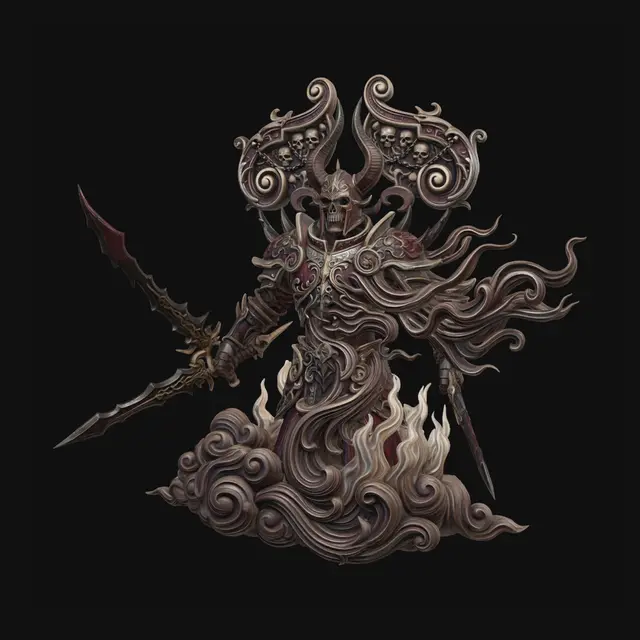3D model for Hyper-realistic wooden carved Rococo–Art Nouveau undead chaos knight clad in massive spiked armor and wielding twin corrupted blades. The skeletal warrior emerges from storm clouds and spectral flames while his armor dissolves into monumental Rococo wave-scrolls and flowing Art Nouveau filigree. Horns expand into vast architectural volutes and decorative cartouches filled with skulls, chains and arcane emblems. The heavy armor plates merge seamlessly into the structural pillar through sweeping S-curved ornamentation.Material: hardwood.Polychrome:deep rich colourful tones,dark iron blacks, aged silver, crimson highlights, bone ivory and antique gold details