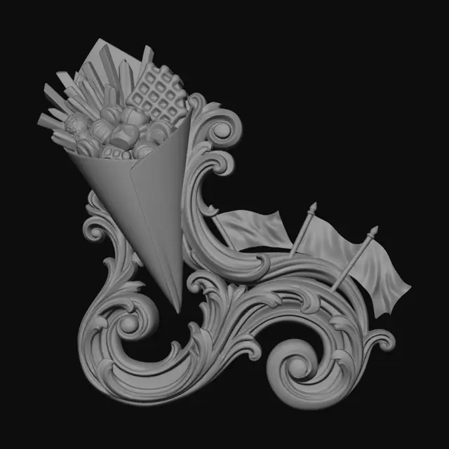 3D model for Prompt a hyper-realistic wooden carved Rococo-Art Nouveau Belgium symbol statue of a paper cone filled with French fries , chocolate pralines en brussels waffles. The statues merge into a monumental S-waved scrollwork Rococo-Art Nouveau console-pillar with decorative Belgium flags and volutes. Flags flow dramaticly. Material:polished hardwood with fine anatomical detailing. Polychrome: deep rich colourful colours and warm tones ,chocolate browns ,golden yellows ,ivory whites ,golden ornamentation