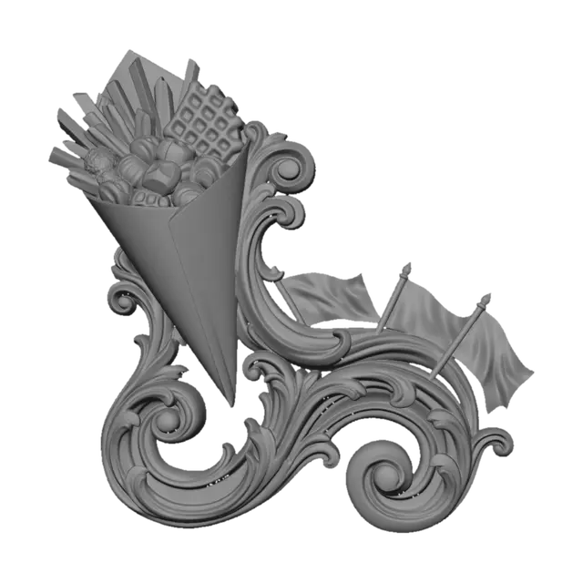 3D model for Prompt a hyper-realistic wooden carved Rococo-Art Nouveau Belgium symbol statue of a paper cone filled with French fries , chocolate pralines en brussels waffles. The statues merge into a monumental S-waved scrollwork Rococo-Art Nouveau console-pillar with decorative Belgium flags and volutes. Flags flow dramaticly. Material:polished hardwood with fine anatomical detailing. Polychrome: deep rich colourful colours and warm tones ,chocolate browns ,golden yellows ,ivory whites ,golden ornamentation