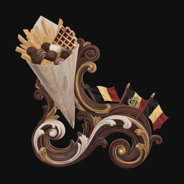 3D model for Prompt a hyper-realistic wooden carved Rococo-Art Nouveau Belgium symbol statue of a paper cone filled with French fries , chocolate pralines en brussels waffles. The statues merge into a monumental S-waved scrollwork Rococo-Art Nouveau console-pillar with decorative Belgium flags and volutes. Flags flow dramaticly. Material:polished hardwood with fine anatomical detailing. Polychrome: deep rich colourful colours and warm tones ,chocolate browns ,golden yellows ,ivory whites ,golden ornamentation