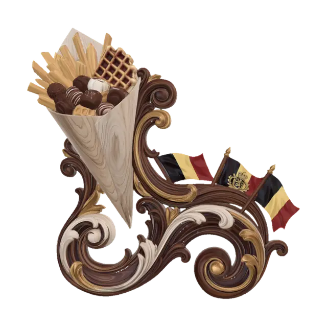 3D model for Prompt a hyper-realistic wooden carved Rococo-Art Nouveau Belgium symbol statue of a paper cone filled with French fries , chocolate pralines en brussels waffles. The statues merge into a monumental S-waved scrollwork Rococo-Art Nouveau console-pillar with decorative Belgium flags and volutes. Flags flow dramaticly. Material:polished hardwood with fine anatomical detailing. Polychrome: deep rich colourful colours and warm tones ,chocolate browns ,golden yellows ,ivory whites ,golden ornamentation