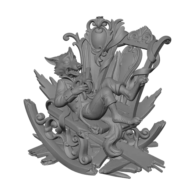 3D model for Hyper-realistic wooden carved Rococo–Art Nouveau caricatural chibi statue of a lanky wolf rogue collapsing backward in a shattered rocking chair while clutching a banana in comic terror. The broken chair fragments twist into monumental S-curved Rococo scrollwork and flowing Art Nouveau ribbons forming a dramatic console-pillar. Splintered wood transforms into elaborate rocaille ornament, decorative cartouches and spiraling volutes. The wolf’s elongated limbs and exaggerated pose create elegant whiplash curves integrated throughout the architecture.Material:hardwood.Polychrome:deep rich colourful tones,ilver-grey fur, crimson garments, warm cream highlights, antique gold accents and rich woodland browns