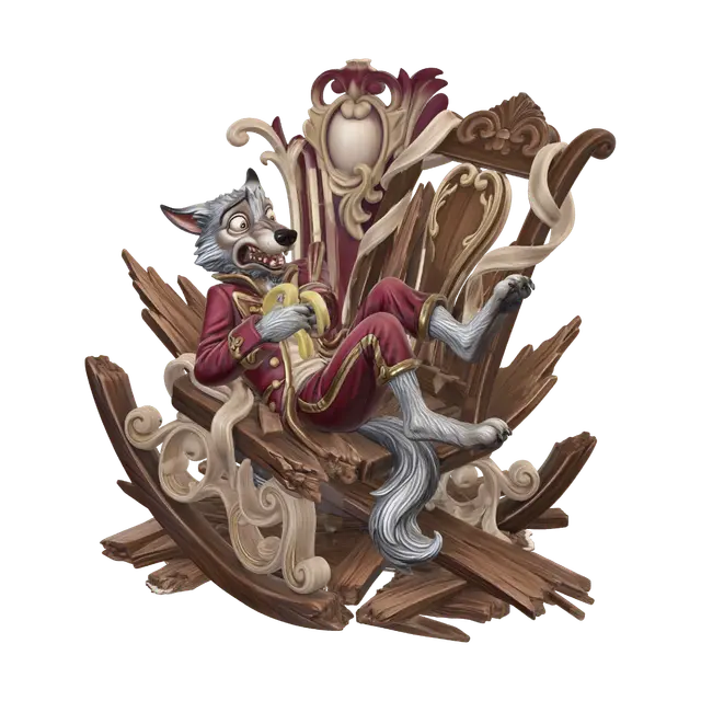 3D model for Hyper-realistic wooden carved Rococo–Art Nouveau caricatural chibi statue of a lanky wolf rogue collapsing backward in a shattered rocking chair while clutching a banana in comic terror. The broken chair fragments twist into monumental S-curved Rococo scrollwork and flowing Art Nouveau ribbons forming a dramatic console-pillar. Splintered wood transforms into elaborate rocaille ornament, decorative cartouches and spiraling volutes. The wolf’s elongated limbs and exaggerated pose create elegant whiplash curves integrated throughout the architecture.Material:hardwood.Polychrome:deep rich colourful tones,ilver-grey fur, crimson garments, warm cream highlights, antique gold accents and rich woodland browns
