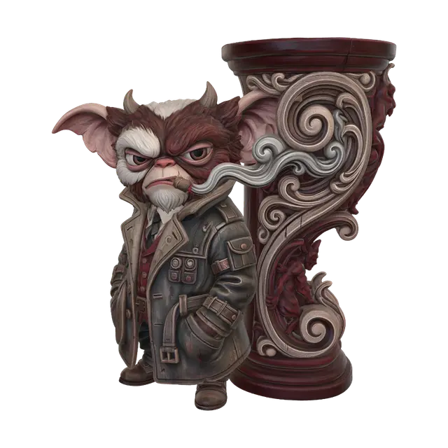 Hyper-realistic wooden carved Rococo–Art Nouveau caricatural chibi statue of a… - Crossover 3D model, vytvořený pomocí AI