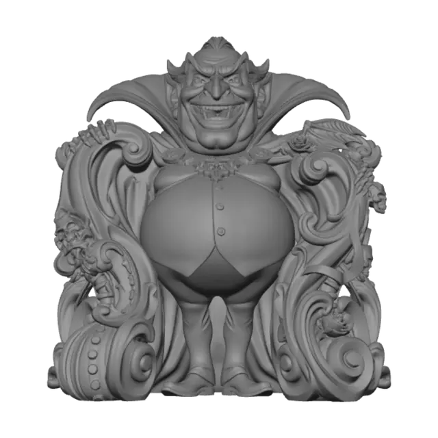 3D model for Hyper-realistic wooden carved Rococo–Art Nouveau caricatural undead vampire count with an exaggerated rotund aristocratic body, immense hooked nose, sweeping widow's peak, enormous pointed ears and theatrical fanged grin. His towering crimson-lined cape erupts into monumental S-waved Rococo–Art Nouveau console-pillar architecture, flowing into elegant rocaille scrolls and whiplash Art Nouveau ribbons. Skeletal hands, bat wings, gothic roses, vertebrae, vampire medallions, gargoyle masks and skulls dissolve into elaborate decorative cartouches and curling volutes. Material: polished walnut and ebony hardwood with exceptionally fine anatomical carving. Polychrome: weary crimson reds, deep ebony blacks, antique ivory, muted gold and pale undead flesh tones. Surface: cracked varnish