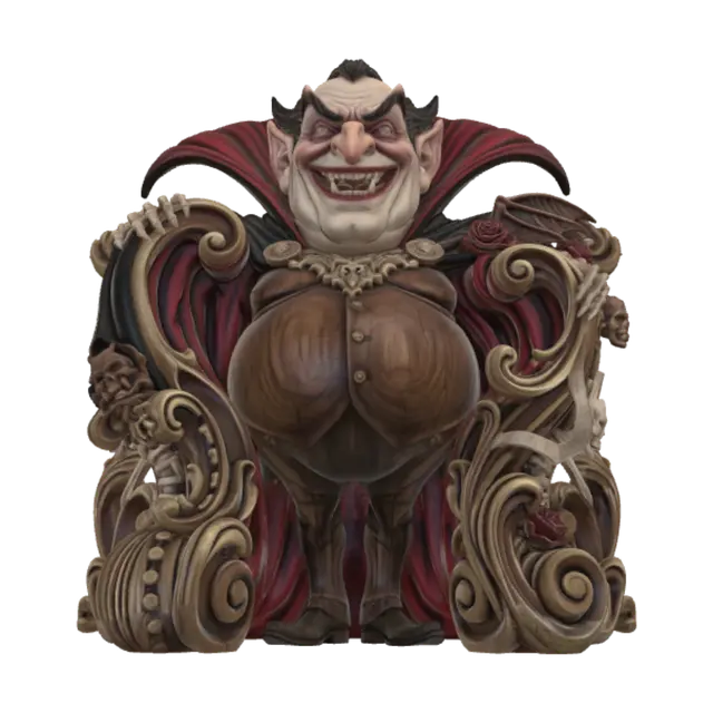 3D model for Hyper-realistic wooden carved Rococo–Art Nouveau caricatural undead vampire count with an exaggerated rotund aristocratic body, immense hooked nose, sweeping widow's peak, enormous pointed ears and theatrical fanged grin. His towering crimson-lined cape erupts into monumental S-waved Rococo–Art Nouveau console-pillar architecture, flowing into elegant rocaille scrolls and whiplash Art Nouveau ribbons. Skeletal hands, bat wings, gothic roses, vertebrae, vampire medallions, gargoyle masks and skulls dissolve into elaborate decorative cartouches and curling volutes. Material: polished walnut and ebony hardwood with exceptionally fine anatomical carving. Polychrome: weary crimson reds, deep ebony blacks, antique ivory, muted gold and pale undead flesh tones. Surface: cracked varnish