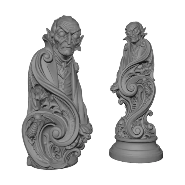 3D model for Hyper-realistic wooden carved Rococo–Art Nouveau caricatural undead elder vampire with exaggerated aged features, enormous hypnotic eyes, sharply pointed ears and aristocratic Victorian attire. His towering collar and sweeping cloak merge into a monumental S-waved Rococo–Art Nouveau console-pillar. Bat wings, skeletal ribs, cemetery roses, gargoyle masks, gothic tracery, vertebrae and skull cartouches dissolve into lavish Rococo scrollwork and flowing Art Nouveau ornament. Material: polished ebony and walnut hardwood with finely carved wrinkles and expressive anatomy. Polychrome: weary charcoal black, deep crimson, faded ivory, antique bronze and pale undead flesh tones. Surface: cracked varnish, centuries-old gothic museum patina