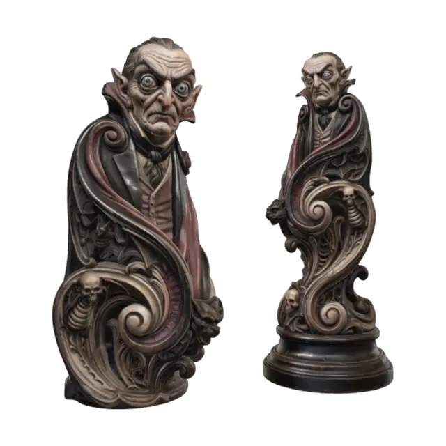 3D model for Hyper-realistic wooden carved Rococo–Art Nouveau caricatural undead elder vampire with exaggerated aged features, enormous hypnotic eyes, sharply pointed ears and aristocratic Victorian attire. His towering collar and sweeping cloak merge into a monumental S-waved Rococo–Art Nouveau console-pillar. Bat wings, skeletal ribs, cemetery roses, gargoyle masks, gothic tracery, vertebrae and skull cartouches dissolve into lavish Rococo scrollwork and flowing Art Nouveau ornament. Material: polished ebony and walnut hardwood with finely carved wrinkles and expressive anatomy. Polychrome: weary charcoal black, deep crimson, faded ivory, antique bronze and pale undead flesh tones. Surface: cracked varnish, centuries-old gothic museum patina