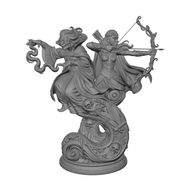 3D model for A hyper-realistic wooden carved Rococo–Art Nouveau caricatural double statue of a powerful bespectacled sorceress casting ancient magic beside a graceful elven huntress drawing an elaborately carved bow. Their swirling robes, jewelry and flowing hair merge together into a monumental S-waved Rococo–Art Nouveau console-pillar decorated with skeletal cartouches, magical sigils, flowering vines, feathered scrolls, forest leaves, skull motifs and elaborate botanical whiplash volutes. Material: polished hardwood with museum-quality anatomical detailing and deep undercuts. Polychrome in rich crimson, royal purple, emerald green, antique gold, warm ivory and pale skin tones with cracked varnish and aged gilding.