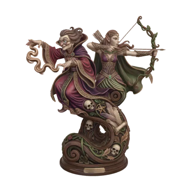 3D model for A hyper-realistic wooden carved Rococo–Art Nouveau caricatural double statue of a powerful bespectacled sorceress casting ancient magic beside a graceful elven huntress drawing an elaborately carved bow. Their swirling robes, jewelry and flowing hair merge together into a monumental S-waved Rococo–Art Nouveau console-pillar decorated with skeletal cartouches, magical sigils, flowering vines, feathered scrolls, forest leaves, skull motifs and elaborate botanical whiplash volutes. Material: polished hardwood with museum-quality anatomical detailing and deep undercuts. Polychrome in rich crimson, royal purple, emerald green, antique gold, warm ivory and pale skin tones with cracked varnish and aged gilding.