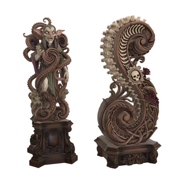 Hyper-realistic wooden carved Rococo–Art Nouveau caricatural undead goblin… - Vertebrae 3D model, vytvořený pomocí AI