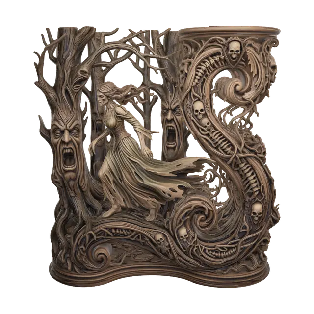Hyper-realistic wooden carved Rococo–Art Nouveau caricatural undead heroine… - Hauntedforest 3D model, vytvořený pomocí AI