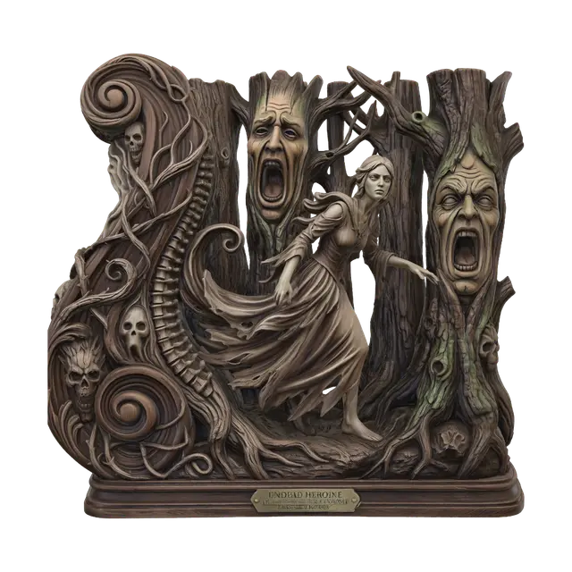 Hyper-realistic wooden carved Rococo–Art Nouveau caricatural undead heroine… - Hauntedforest 3D model, vytvořený pomocí AI