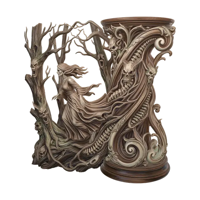 Hyper-realistic wooden carved Rococo–Art Nouveau caricatural undead heroine… - Hauntedforest 3D model, vytvořený pomocí AI