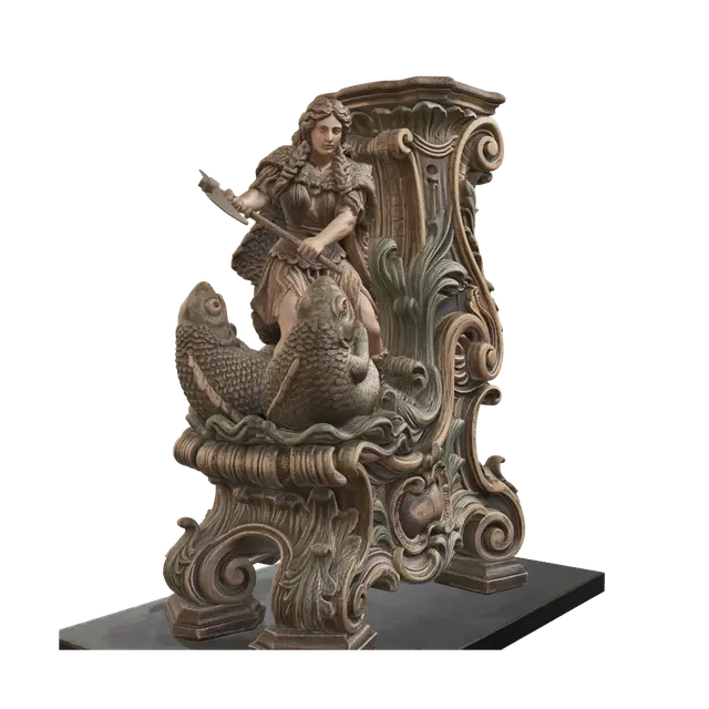 3D model for Transform a fierce barbarian heroine battling a grotesque swamp monster into a hyper-realistic wooden carved Rococo–Art Nouveau dual statue merging into a monumental waved console-pillar. Flowing hair, fur garments, splashing water, monstrous tongue and bulging eyes dissolve into sweeping rocaille scrolls, aquatic volutes and decorative cartouches. Polished hardwood with dynamic anatomy and deep relief. Rich earthy polychrome with aged patina, worn gilding and museum-quality chiaroscuro.